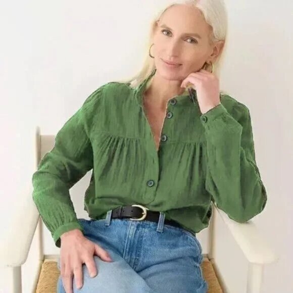 J. Crew Tops - J. Crew Women's Fresco Gauze Top Popever Utility Green Cuff Size Small
